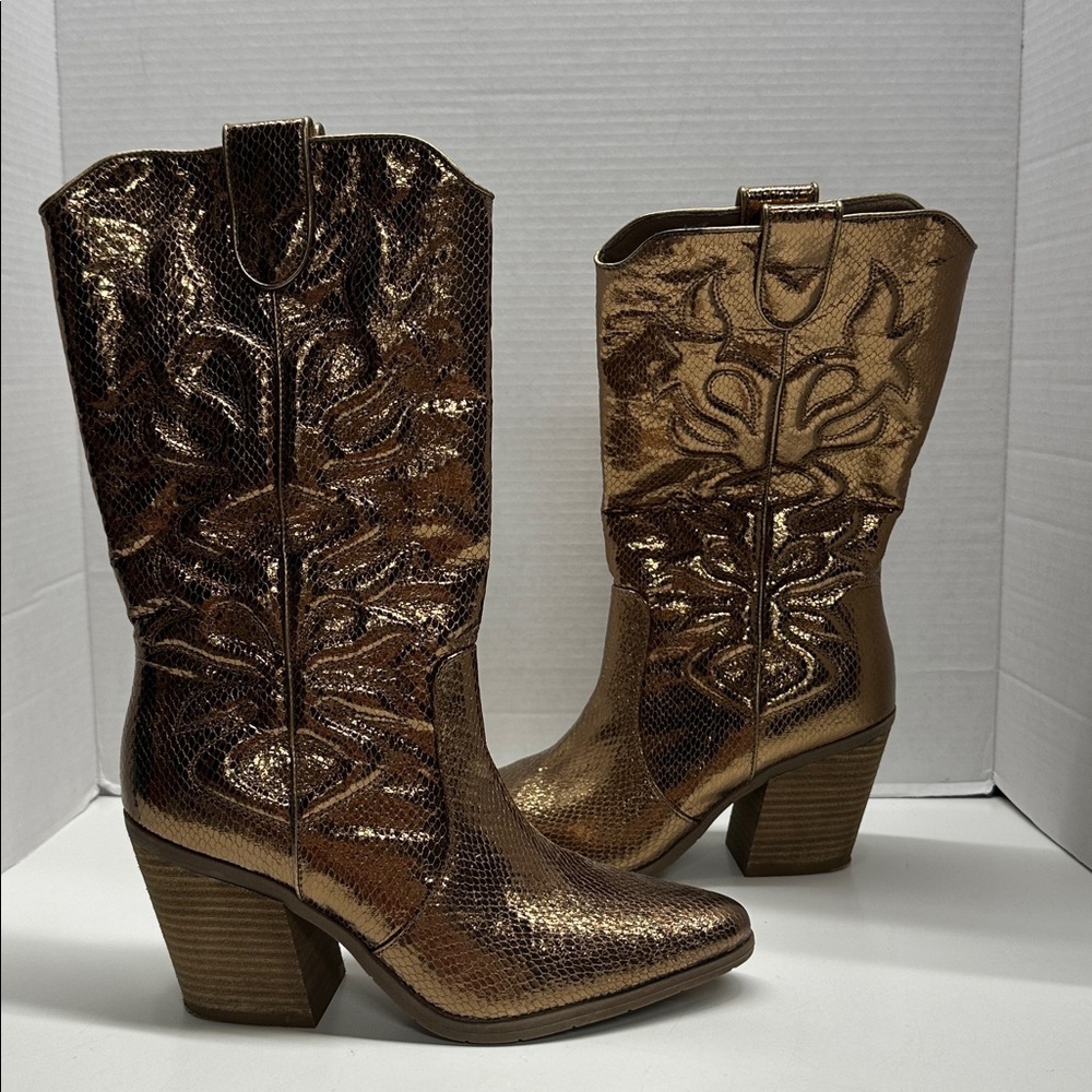 Michael Shannon Faith Cowboy Boots Western Block Heeled Metallic Bronze Size 10 - Picture 1 of 7